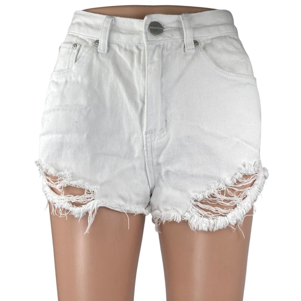 Superdown White Distressed Raw Hem High Waisted Denim Jeans Cutoff Shorts Sz 26